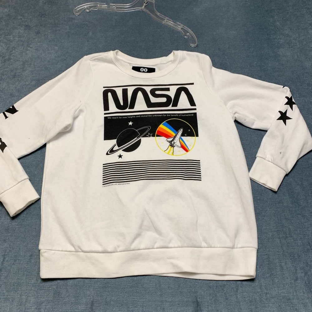 NASA Sweatshirt Womens 00 White Fleece Lined Graphic Rainbow Rocket Crew Neck